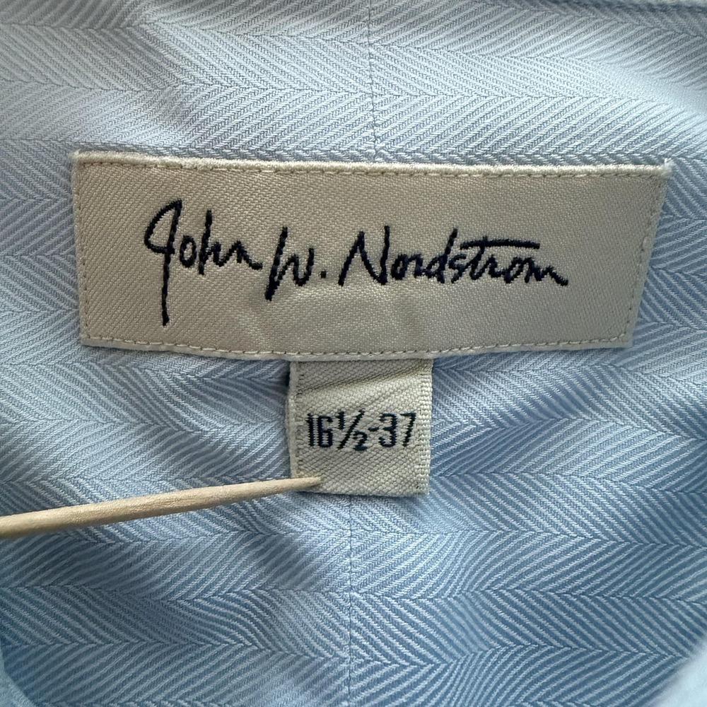 John W. Nordstrom Shirt Mens 16.5 37 Light Blue Herringbone Dress Long Sleeve - Picture 4 of 7
